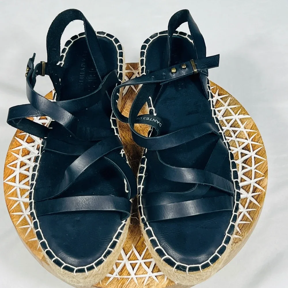 Jacobies Beverly Hills Dante3 Black Leather Strappy‎ Espadrille Sandals Womens 9